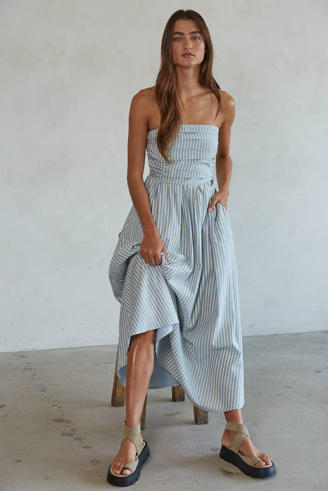 Striped Strapless Maxi Dress: Dusty Blue