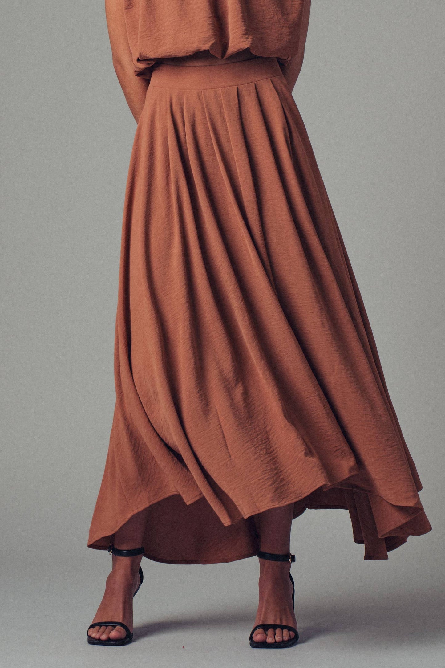 Pleated High-Waist Skirt, Camel