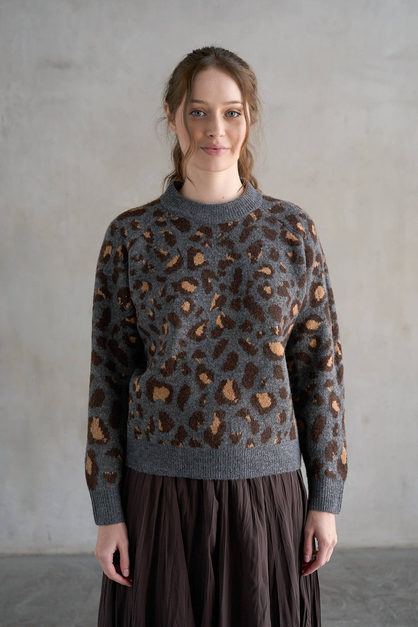 Leopard Crew Neck Sweater, Charcoal Leopard