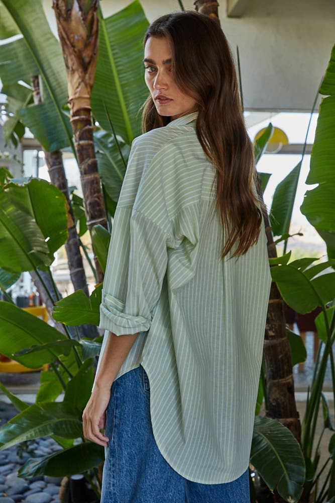 Woven Striped Buttondown Shirt, Green