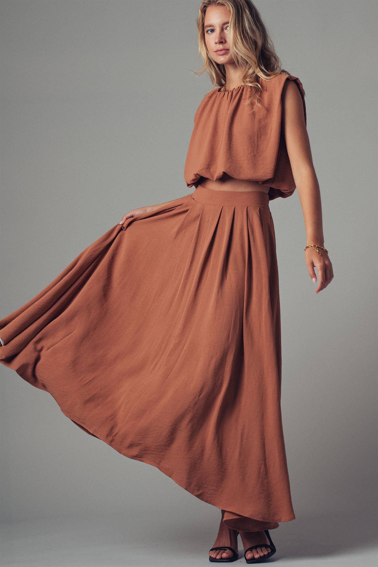 Pleated High-Waist Skirt, Camel