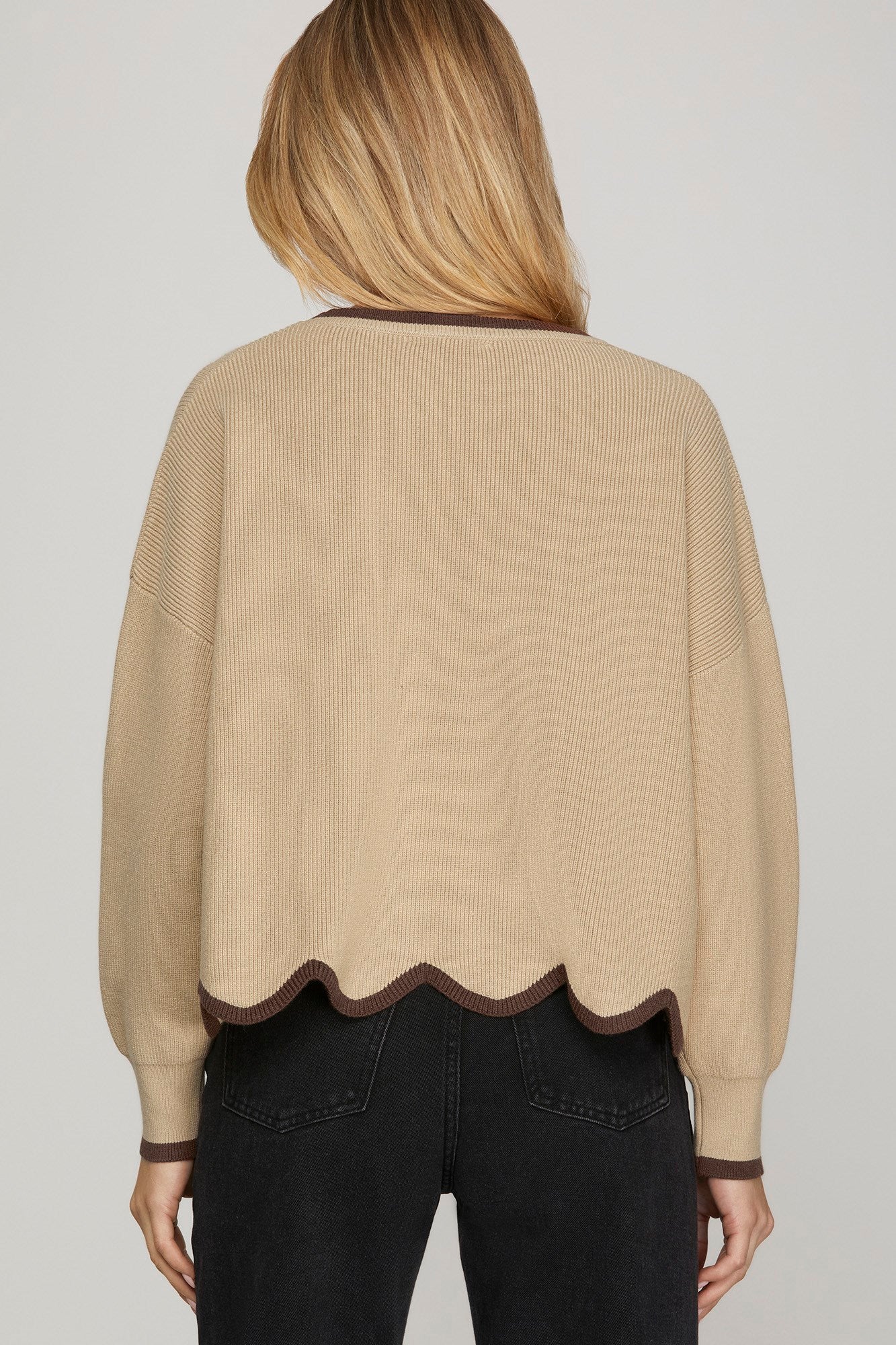 Scallop Hem Sweater with Contrast Edge- Mocha/Brown