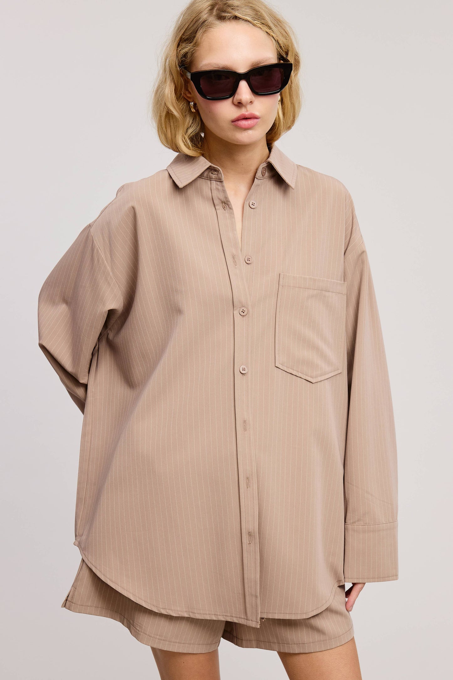 Pinstripe Short Set, Tan