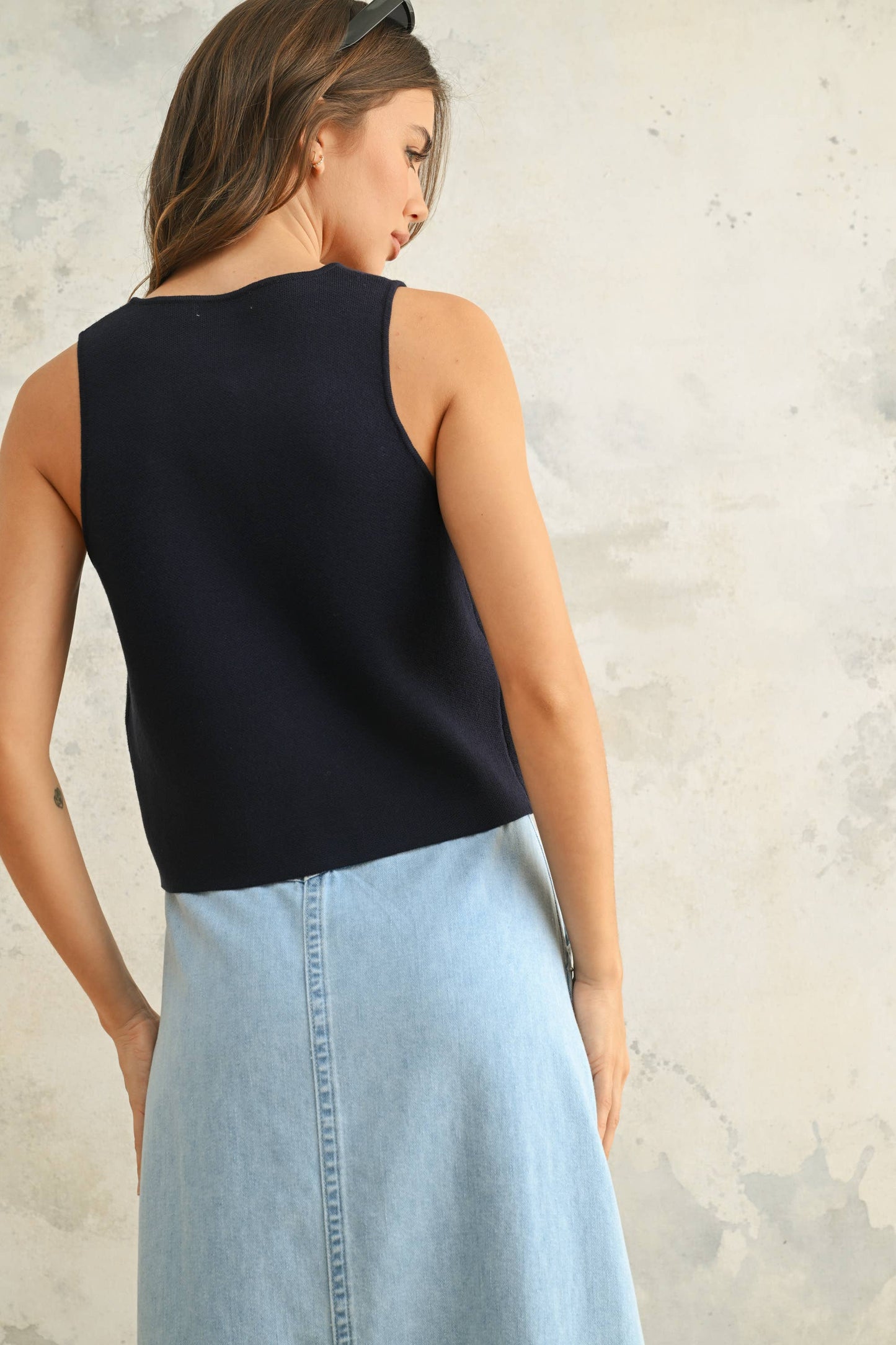 Metal Button Knit Vest, Navy