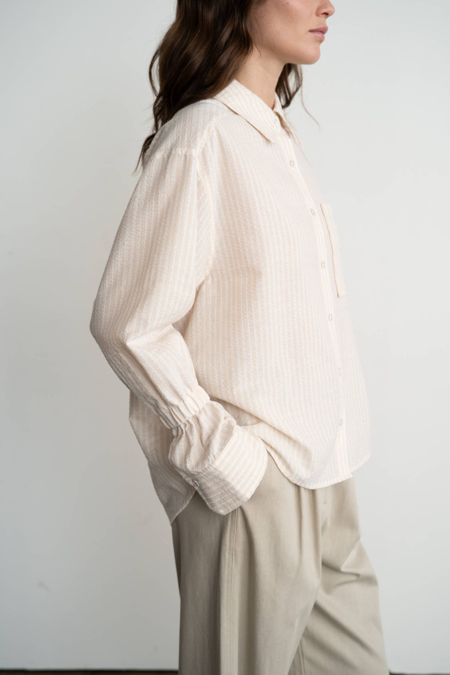 Striped Textured Shirt, Tan and White