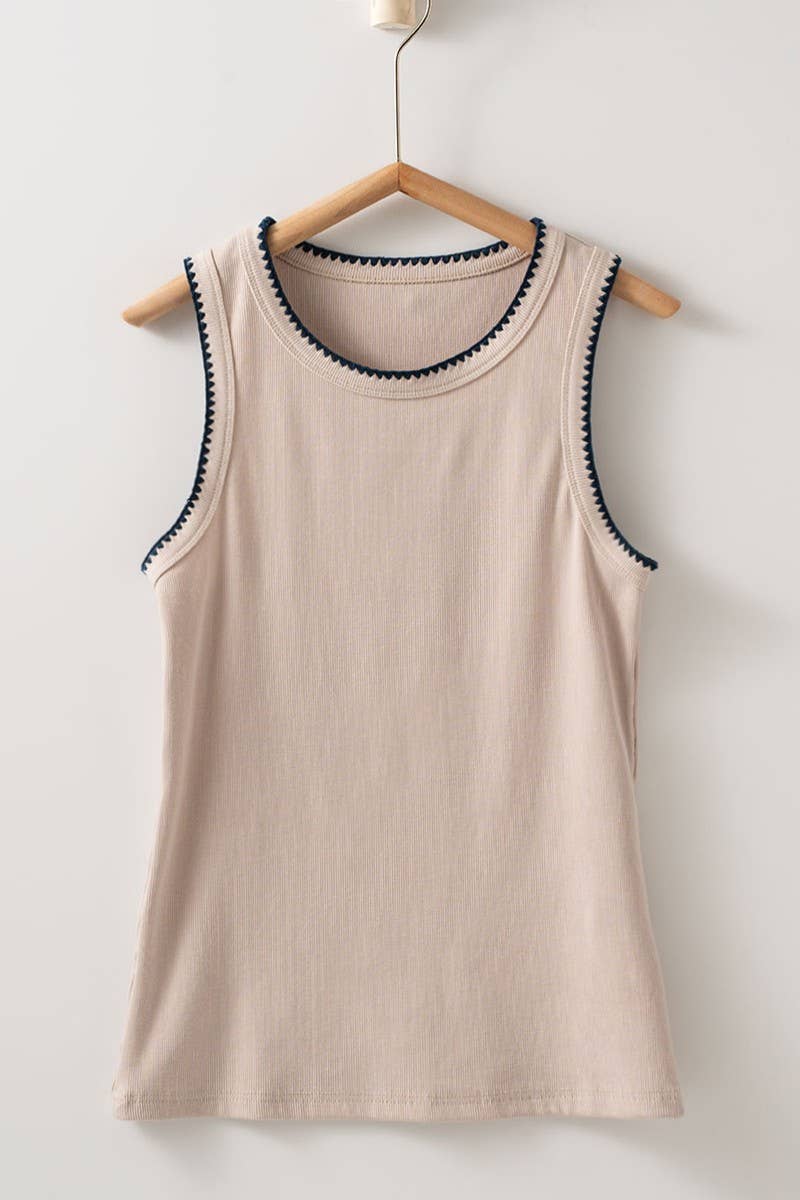 Contrast Trim Tank Top, Mushroom