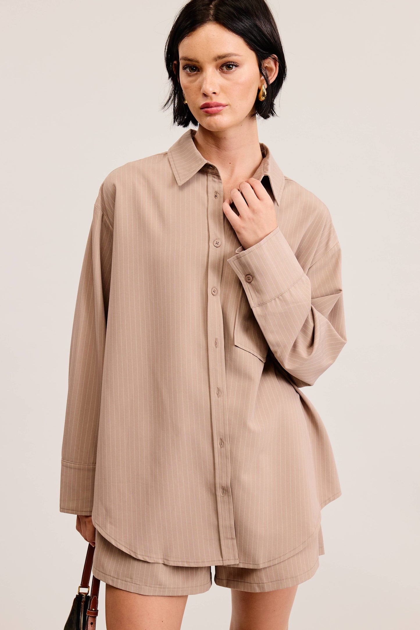 Pinstripe Short Set, Tan