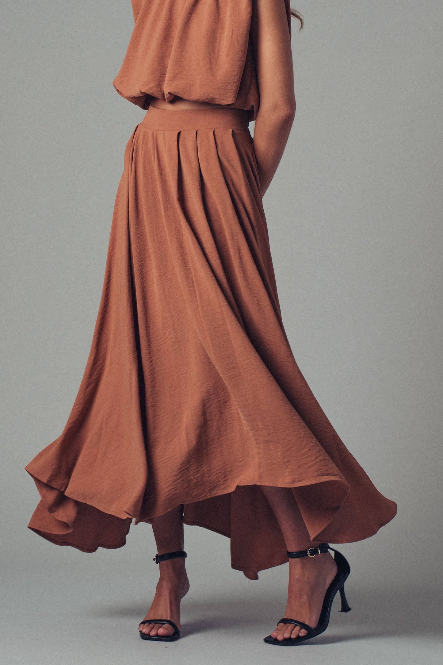 Pleated High-Waist Skirt, Camel