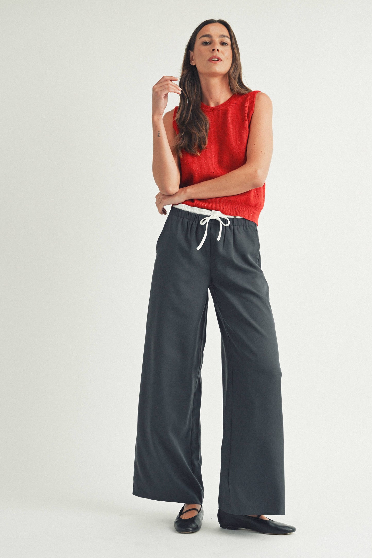 Contrast Wide Leg Pants, Navy