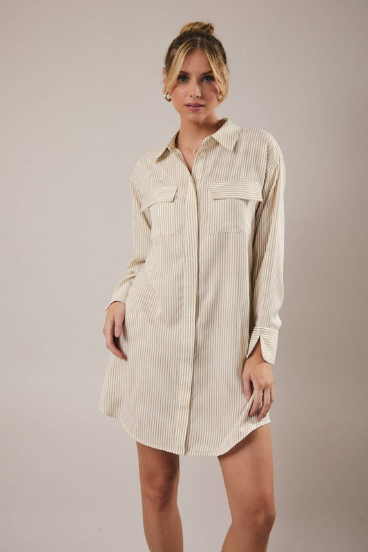 BUTTON DOWN-LONG SLEEVE STRIPE SHIRT DRESS, White and Taupe