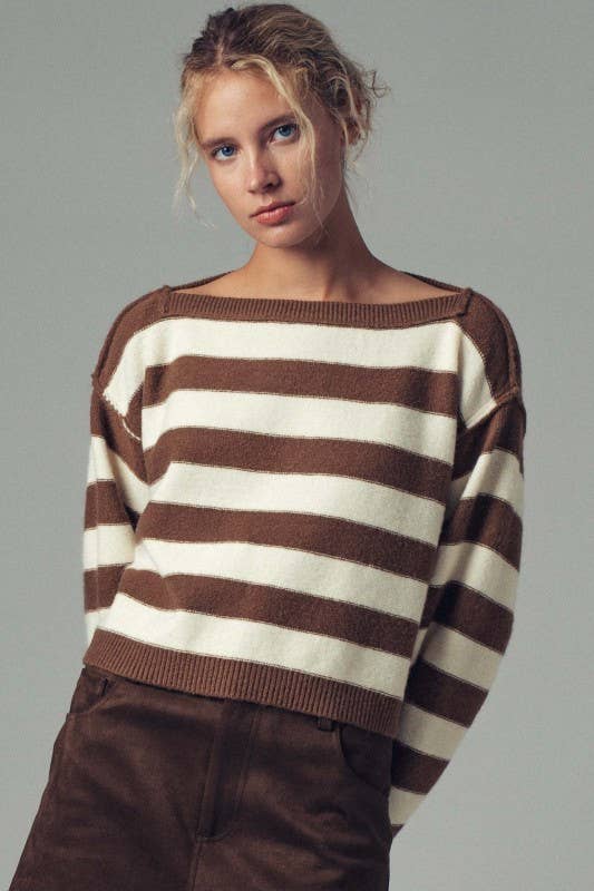 Striped Knit Crewneck Sweater, BROWN