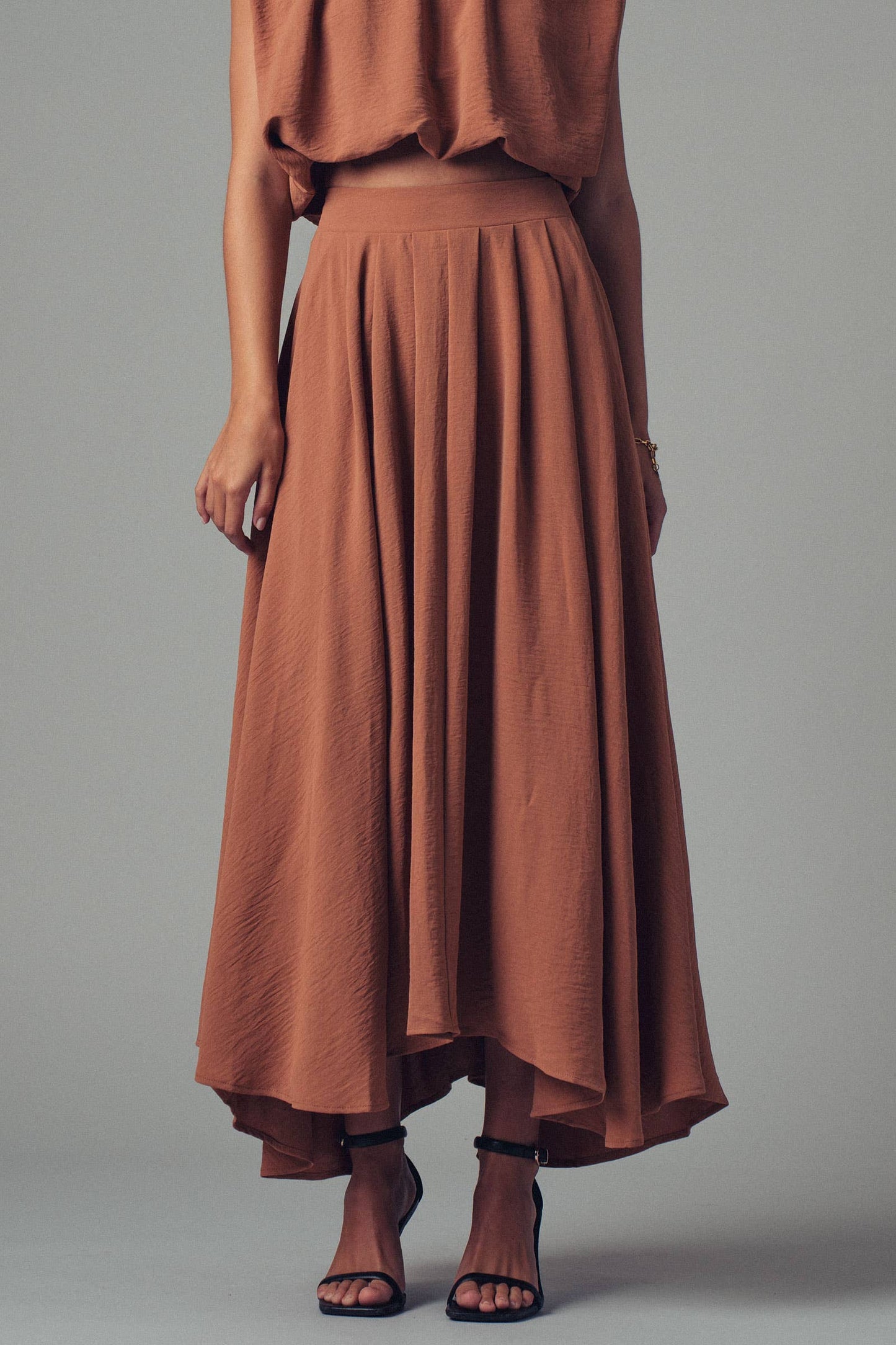 Pleated High-Waist Skirt, Camel