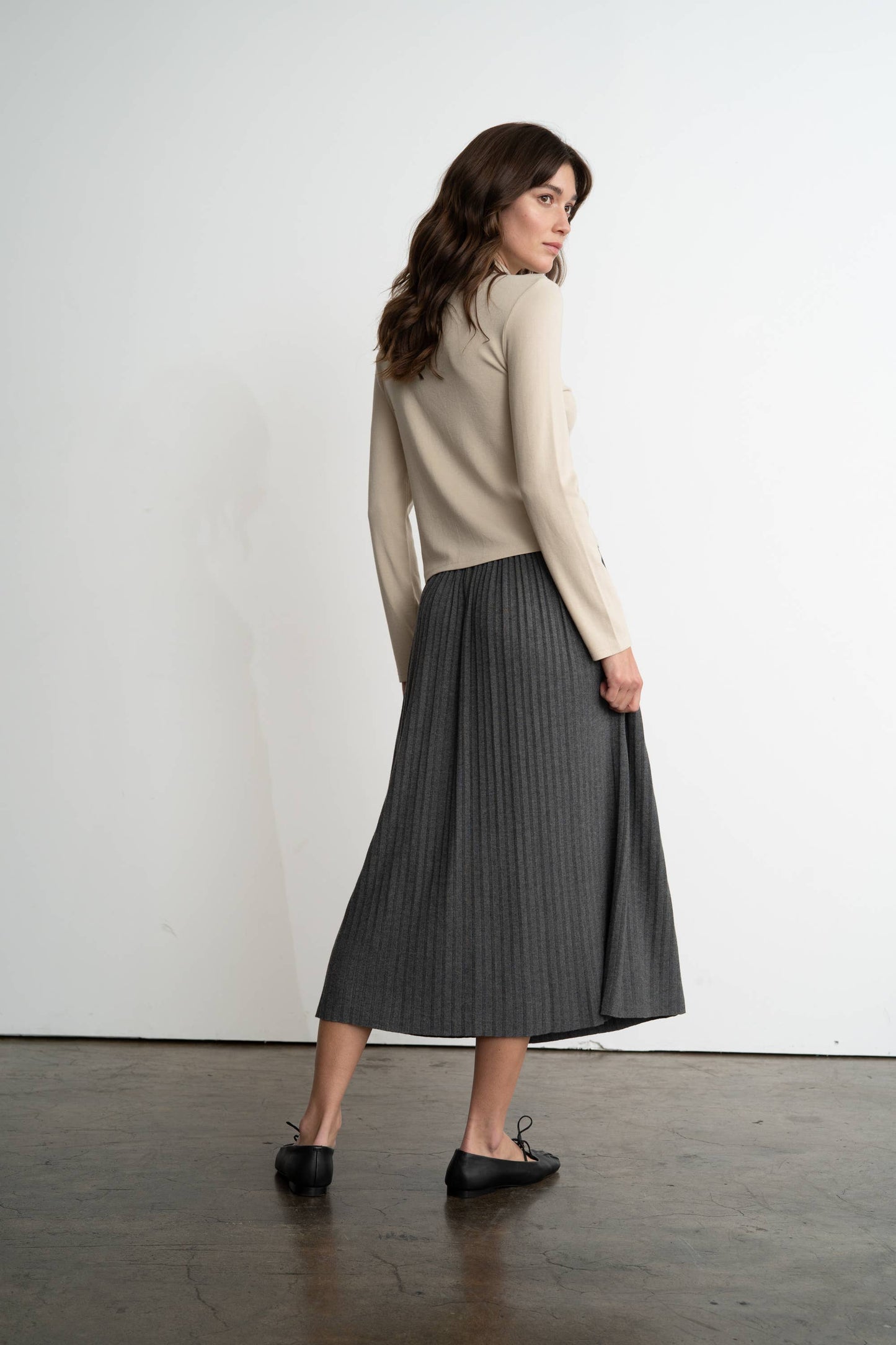 Lightweight Pleated Knit Midi Skirt, Charcoal