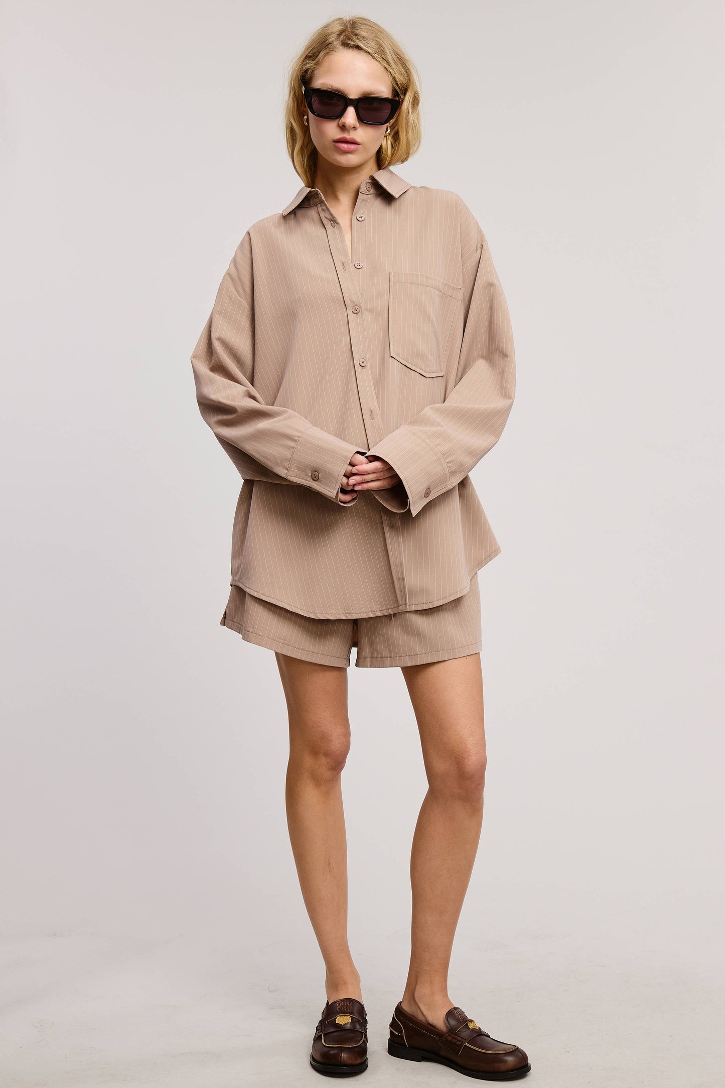Pinstripe Short Set, Tan