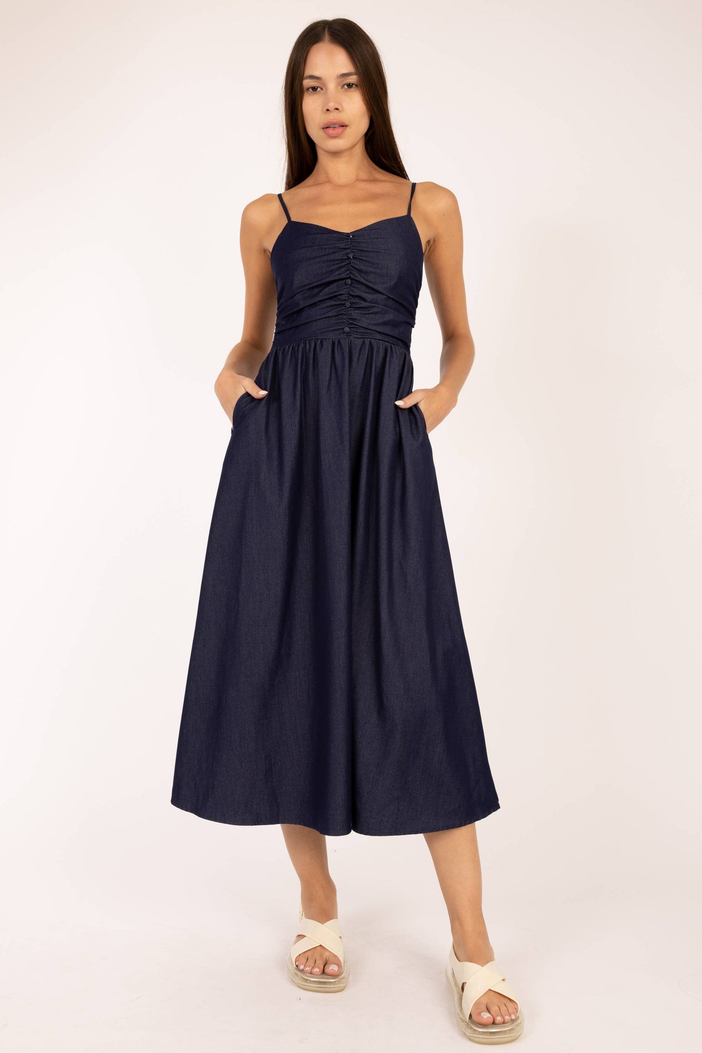 Spagetti Strap Midi Dress, Navy, Denim