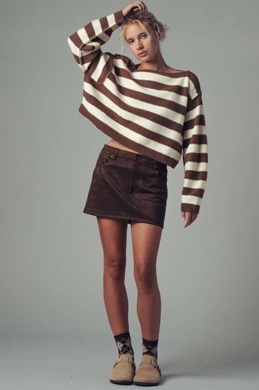 Striped Knit Crewneck Sweater, BROWN