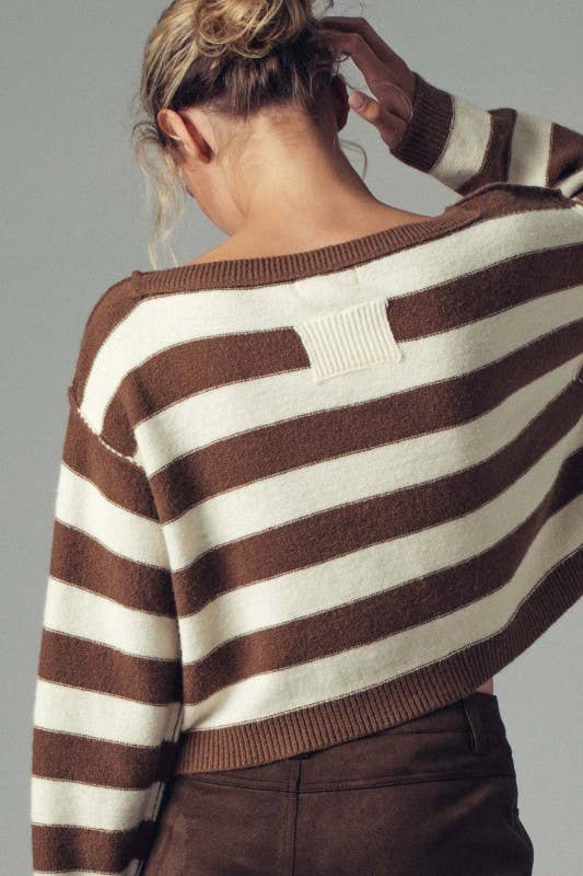 Striped Knit Crewneck Sweater, BROWN