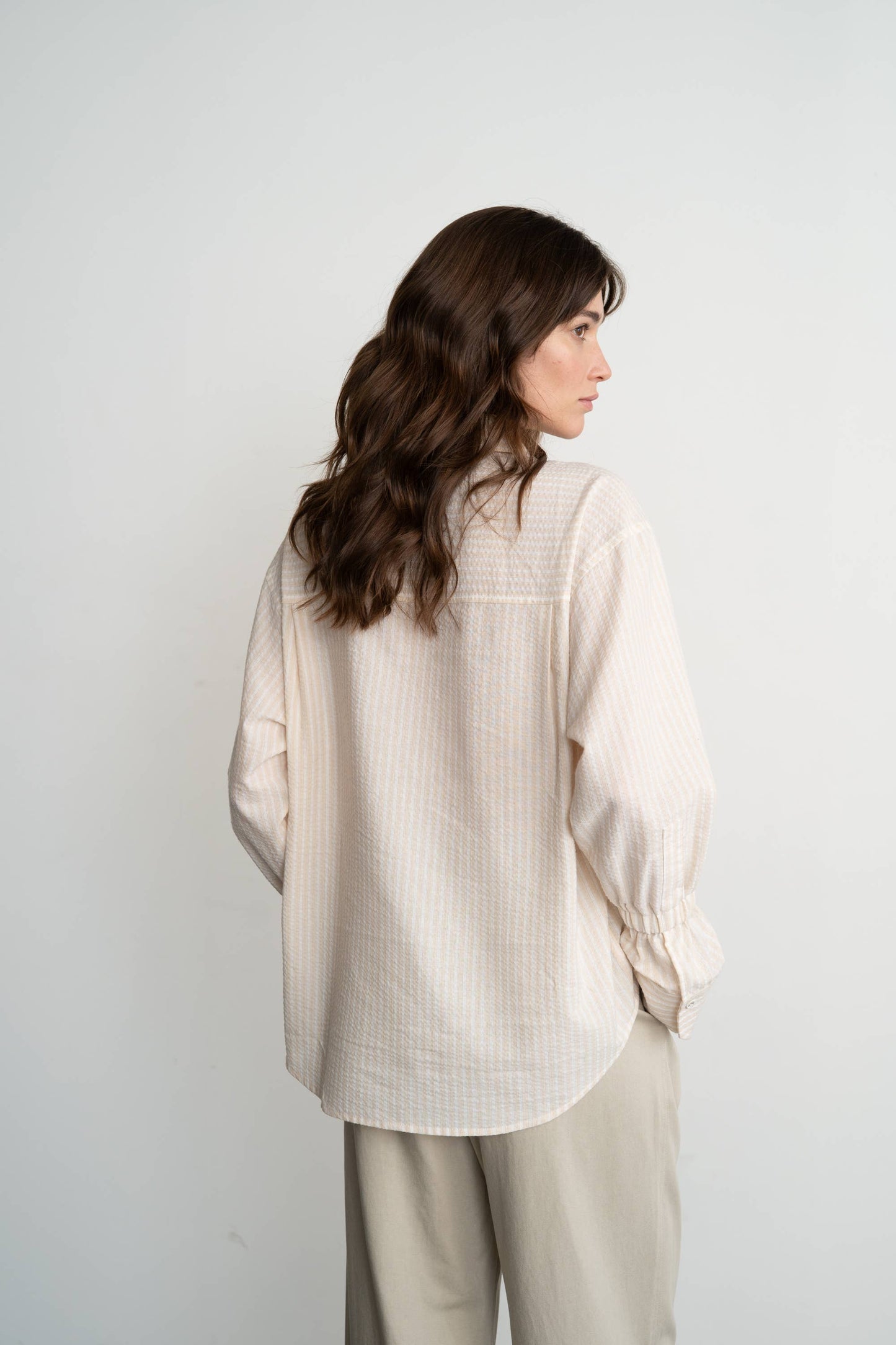 Striped Textured Shirt, Tan and White