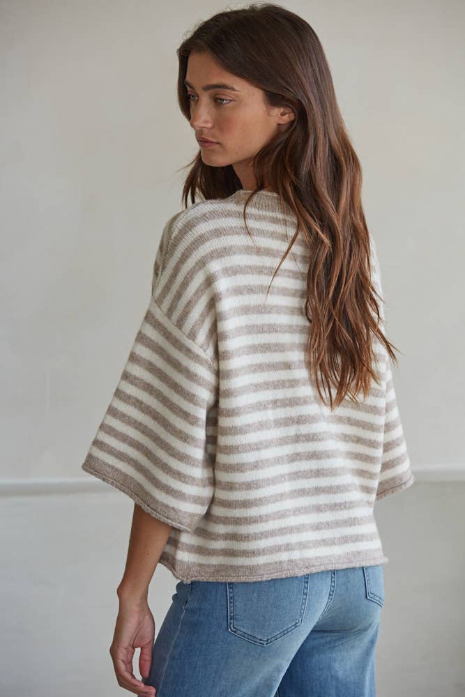Knit Sweater Striped Quarter Sleeve Cardigan, Taupe and Cream