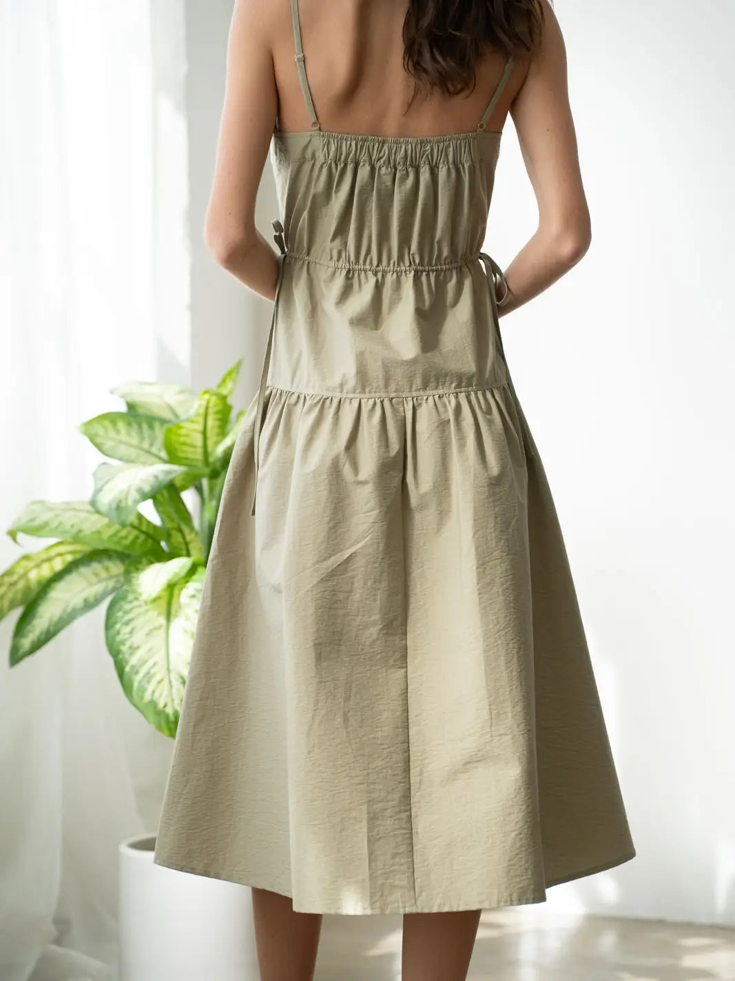 Sleeveless Elasticized Tiered Dress- Olive