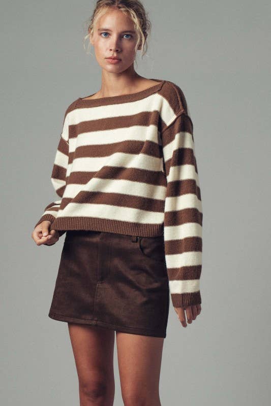 Striped Knit Crewneck Sweater, BROWN