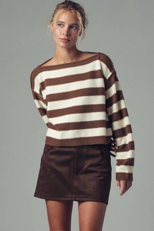 Striped Knit Crewneck Sweater, BROWN