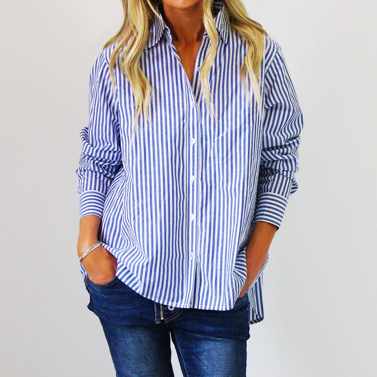 Riley Strip Shirt, Blue and White