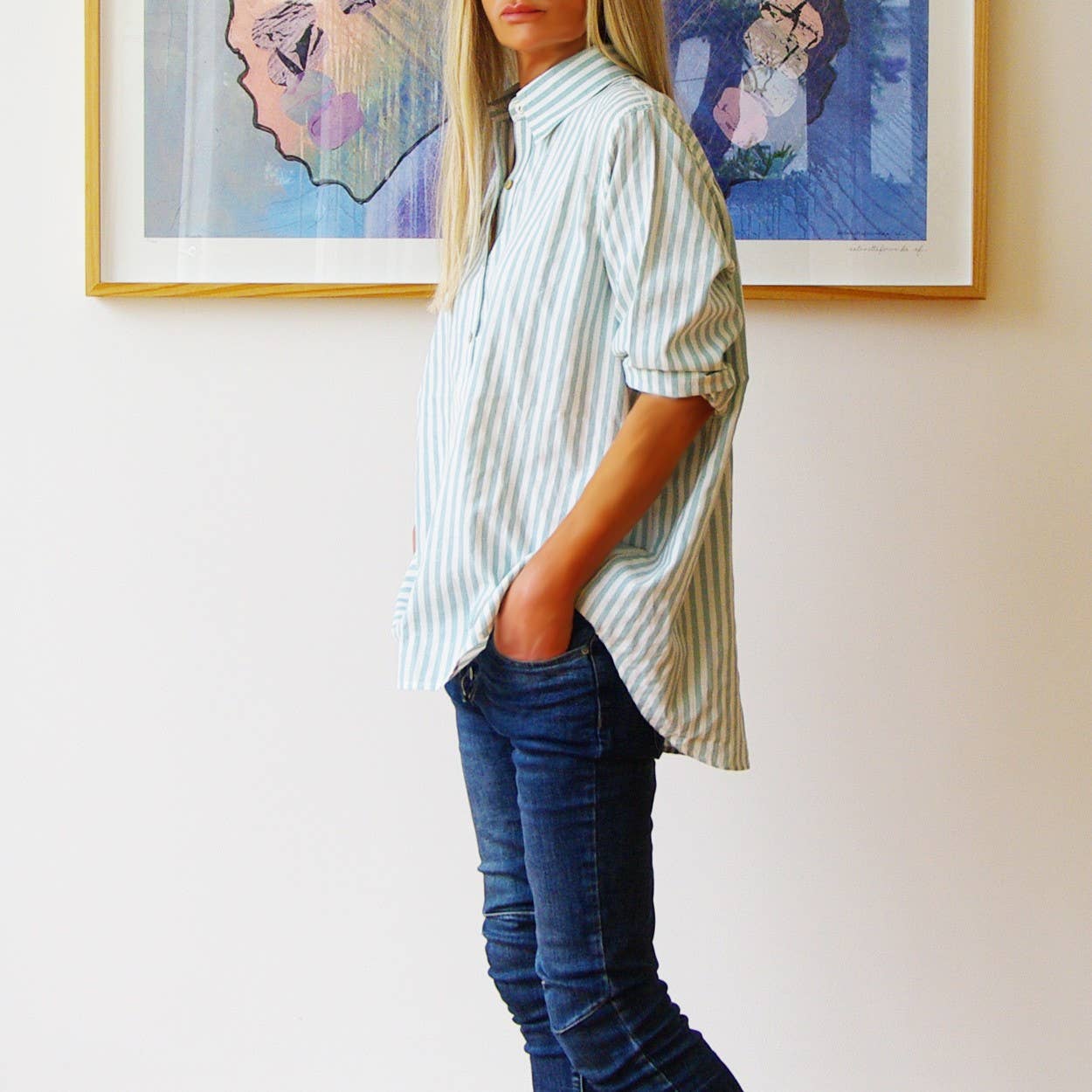 Riley Stripe Shirt, Green and White