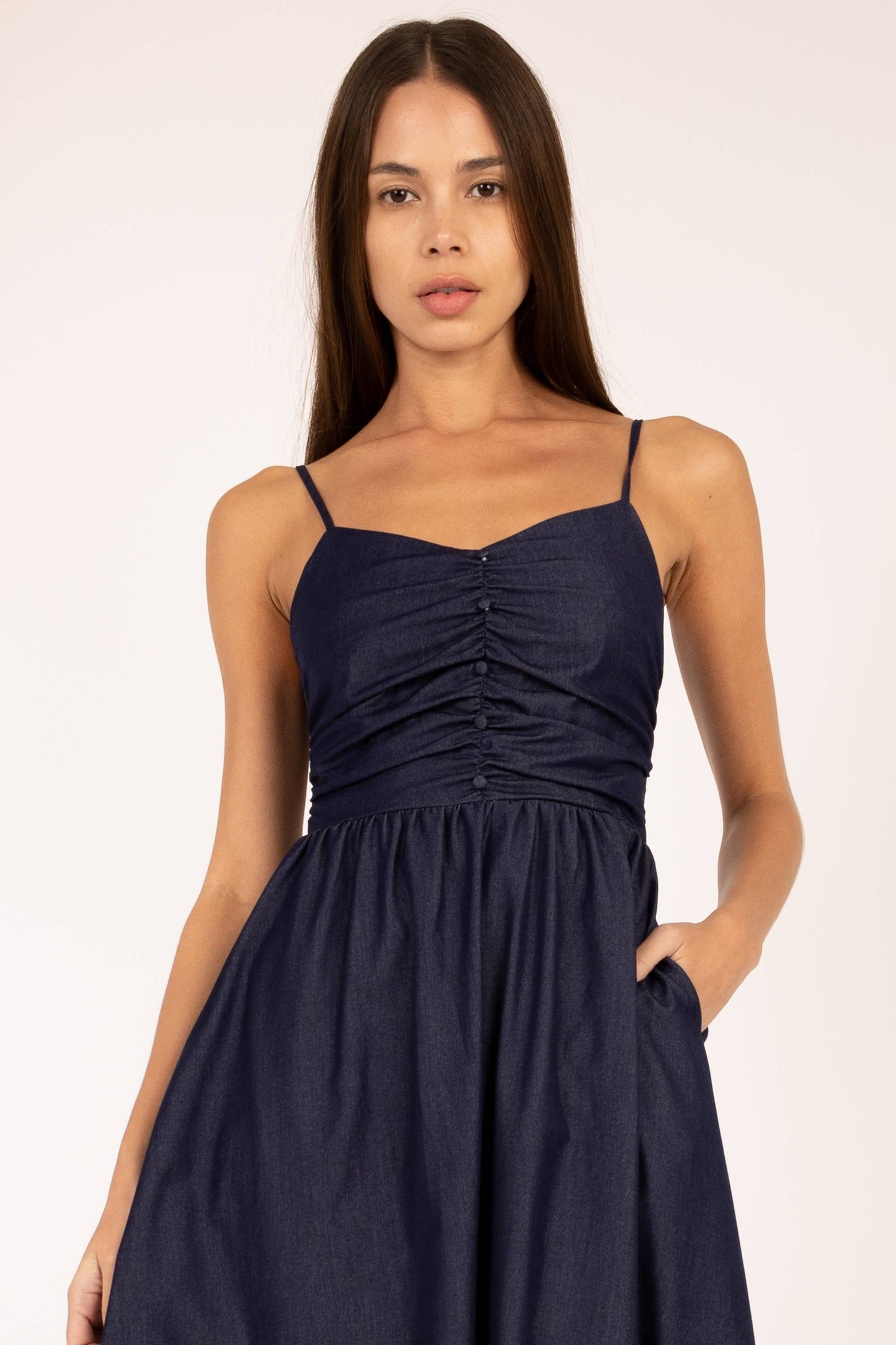 Spagetti Strap Midi Dress, Navy, Denim