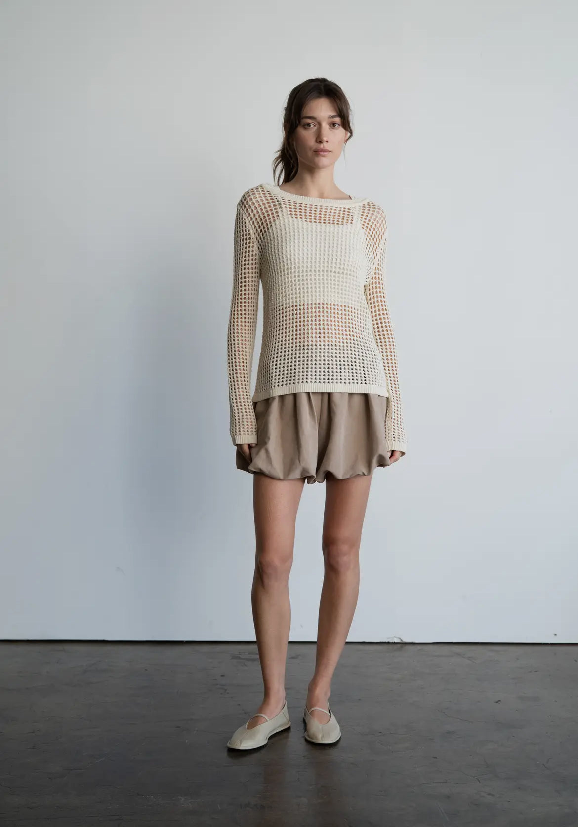 Bubble Hem Mini Shorts, Beige