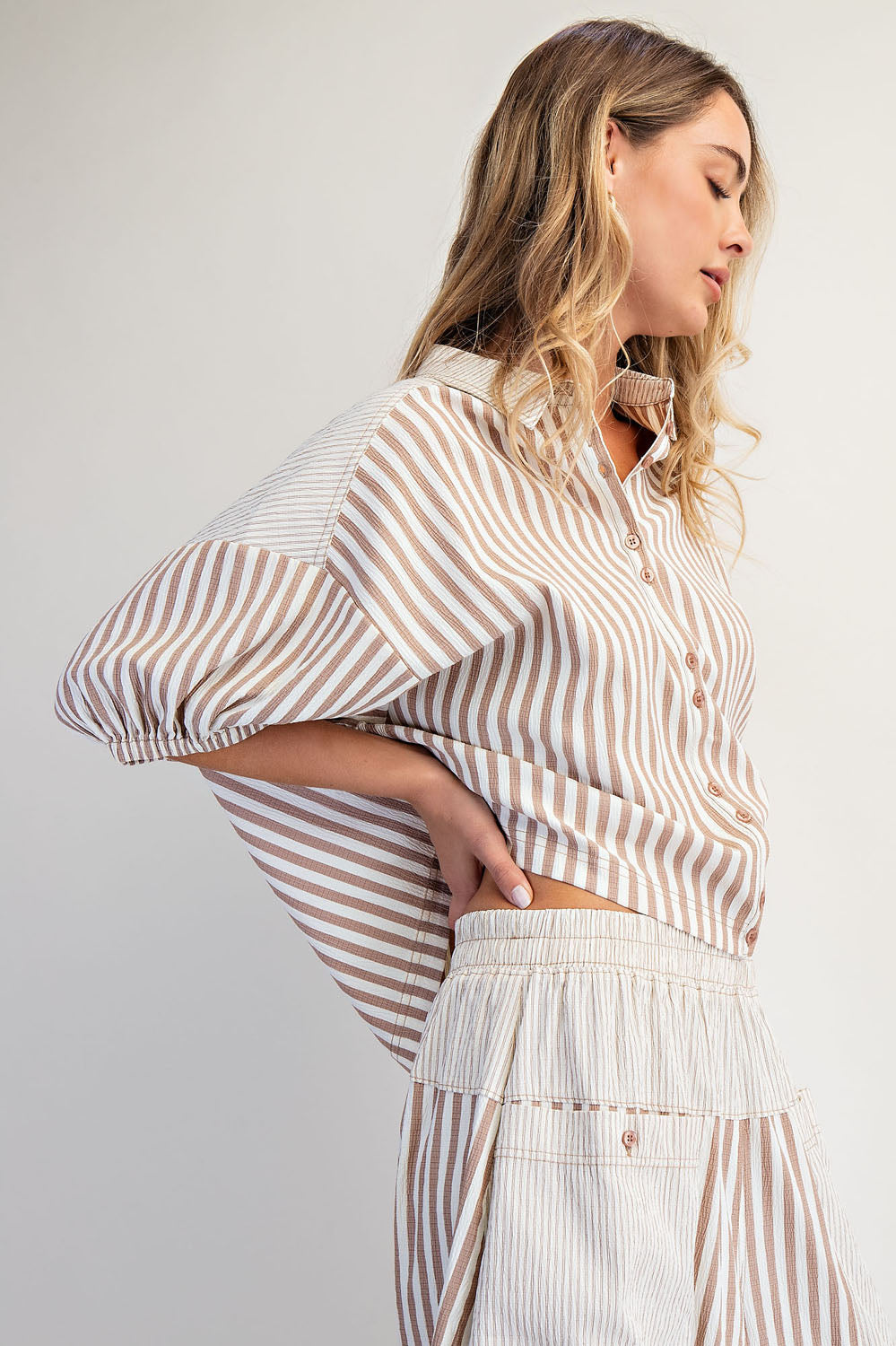 Boxy Striped Button Down Shirts, Mocha Mouse