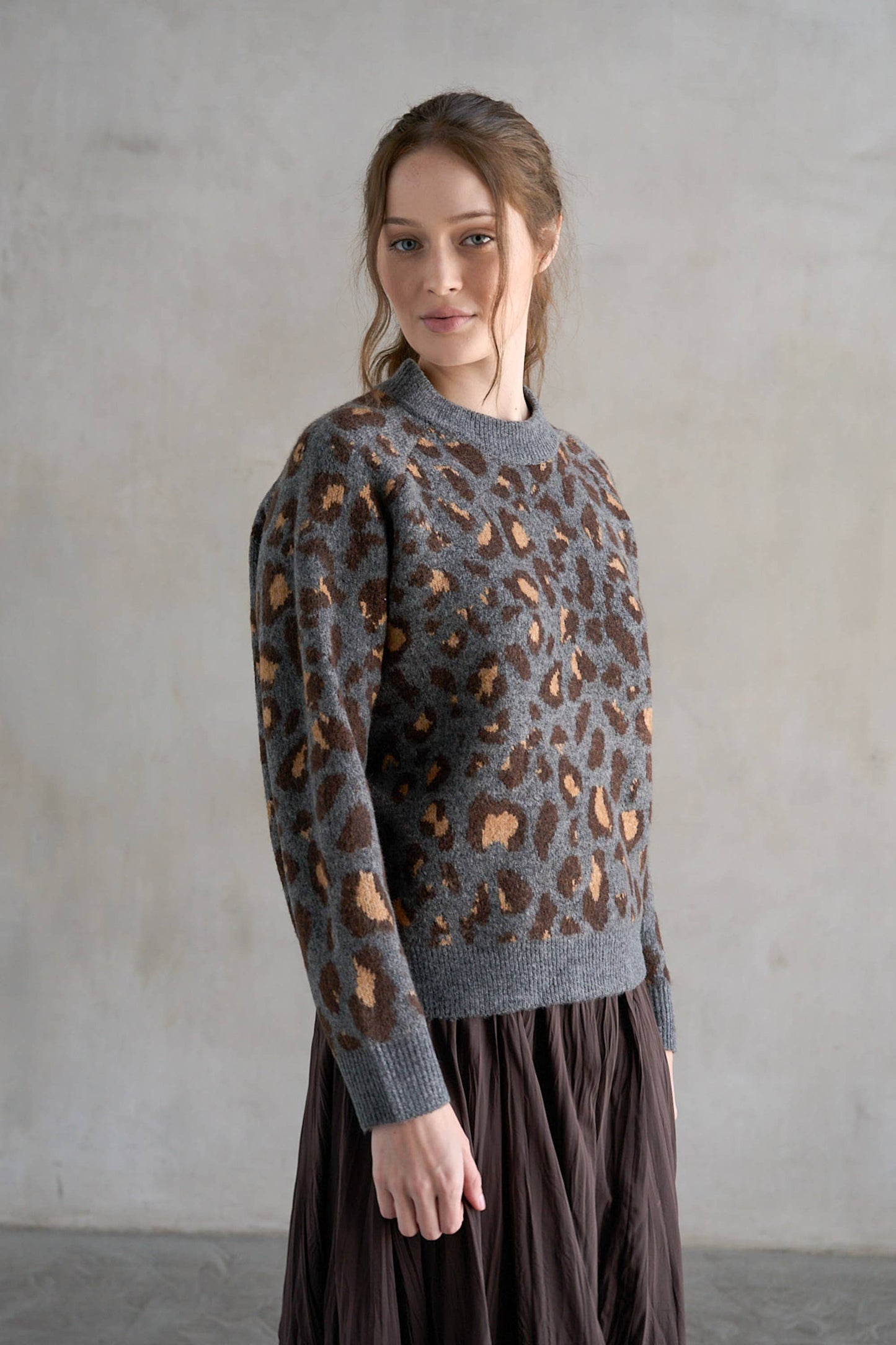 Leopard Crew Neck Sweater, Charcoal Leopard