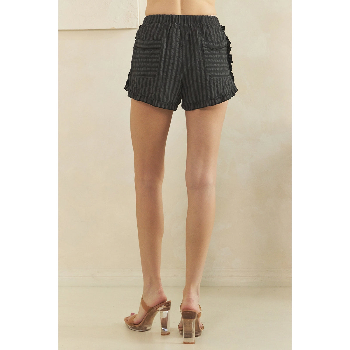 Boho Stripe Ruffle Short, Charcoal