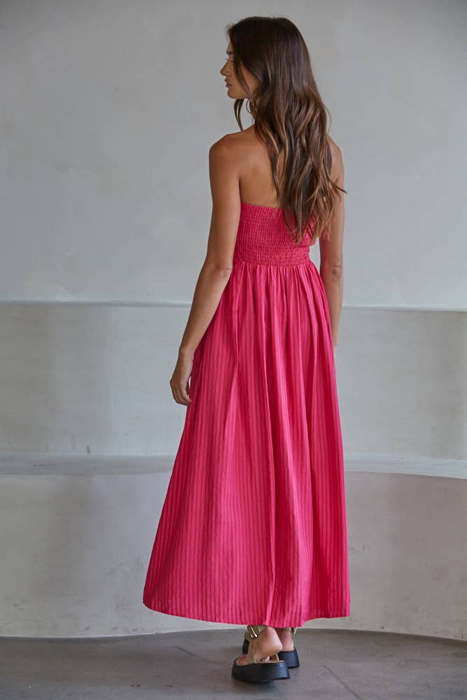 Striped Tube Neck Strapless Flare Maxi Dress, Pink