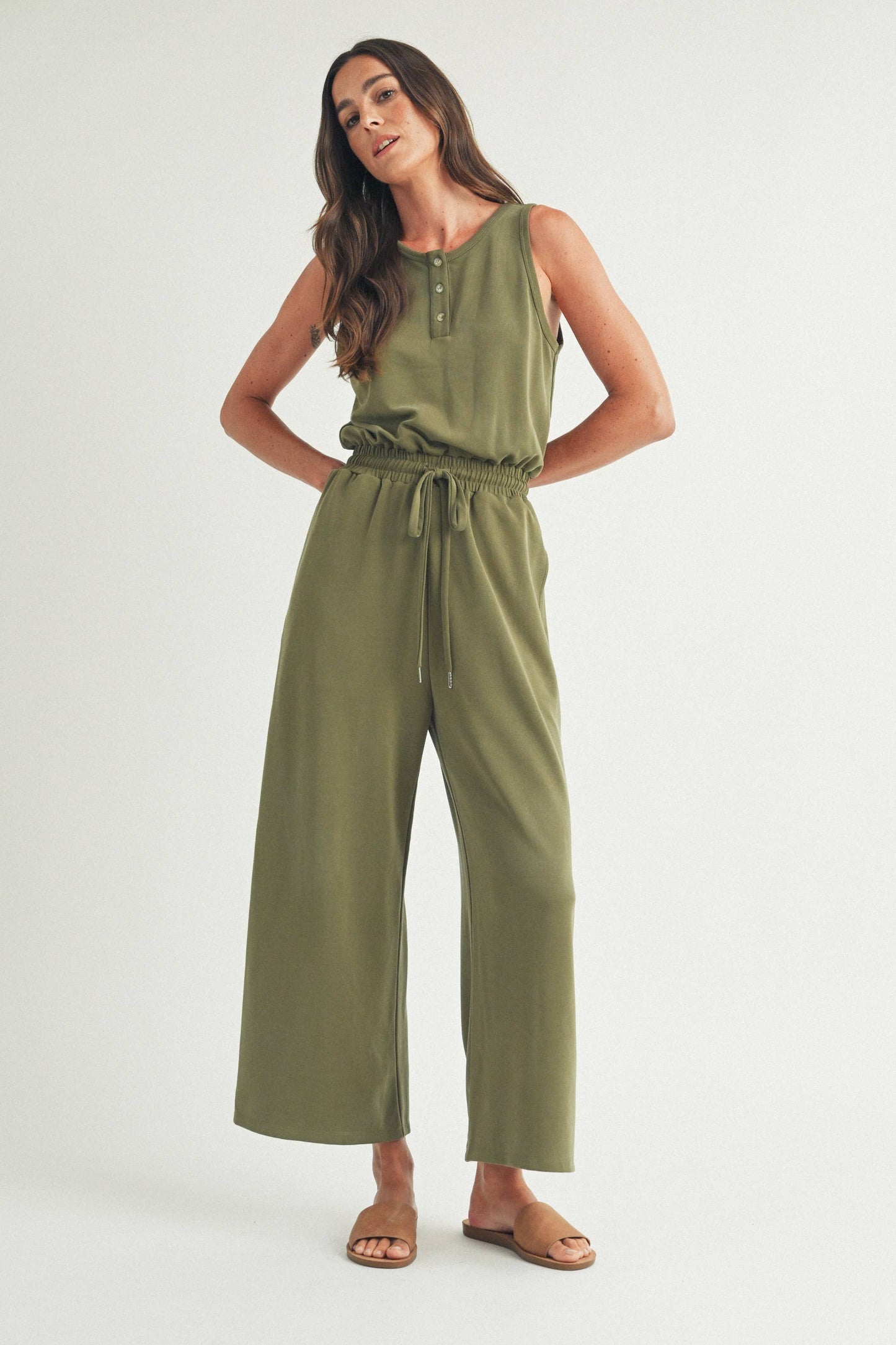 Easygoing Henley Jumpsuit, Olive