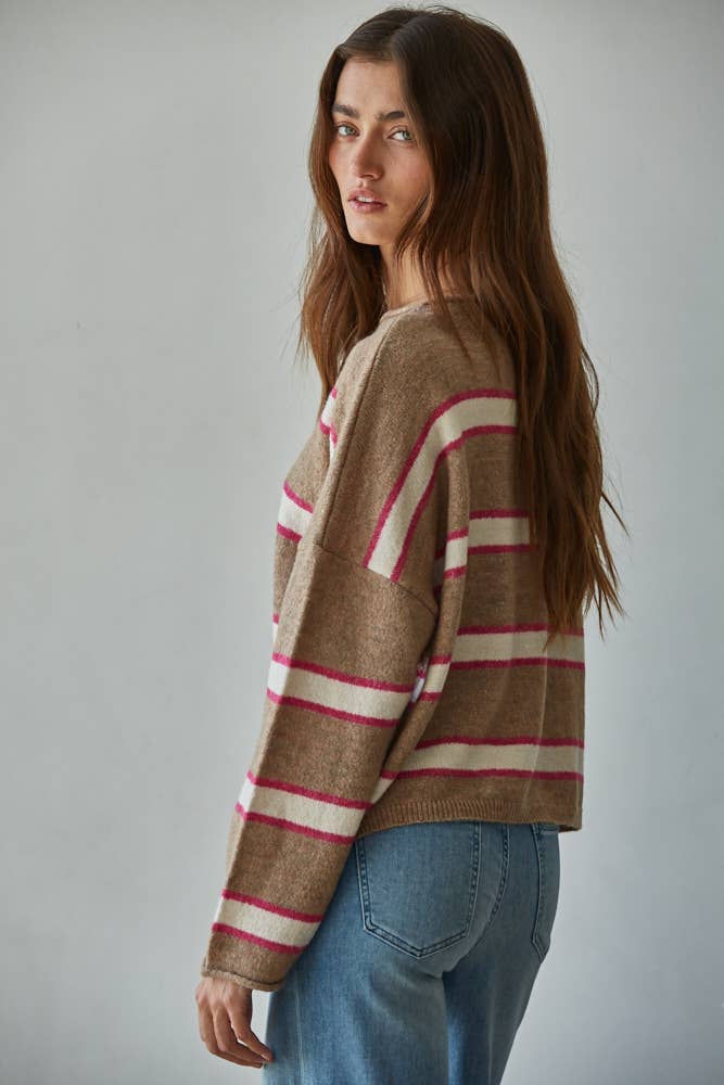 Striped Knit Sweater, Mocha Multi
