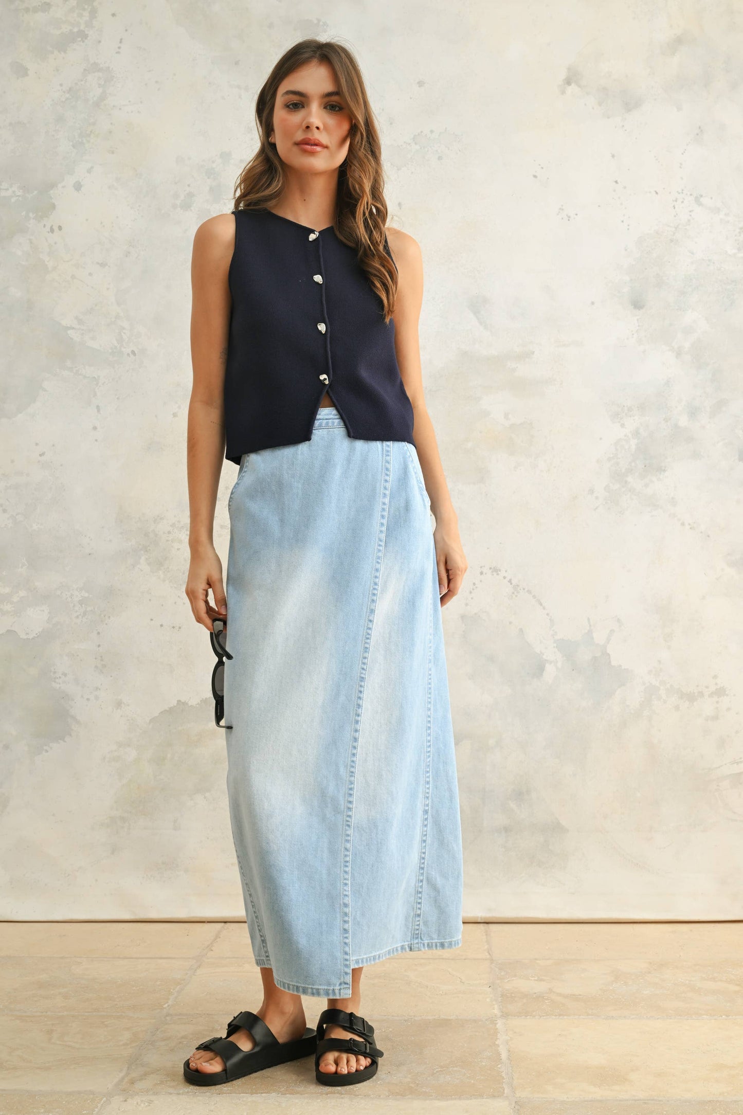Metal Button Knit Vest, Navy