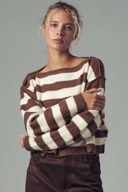 Striped Knit Crewneck Sweater, BROWN