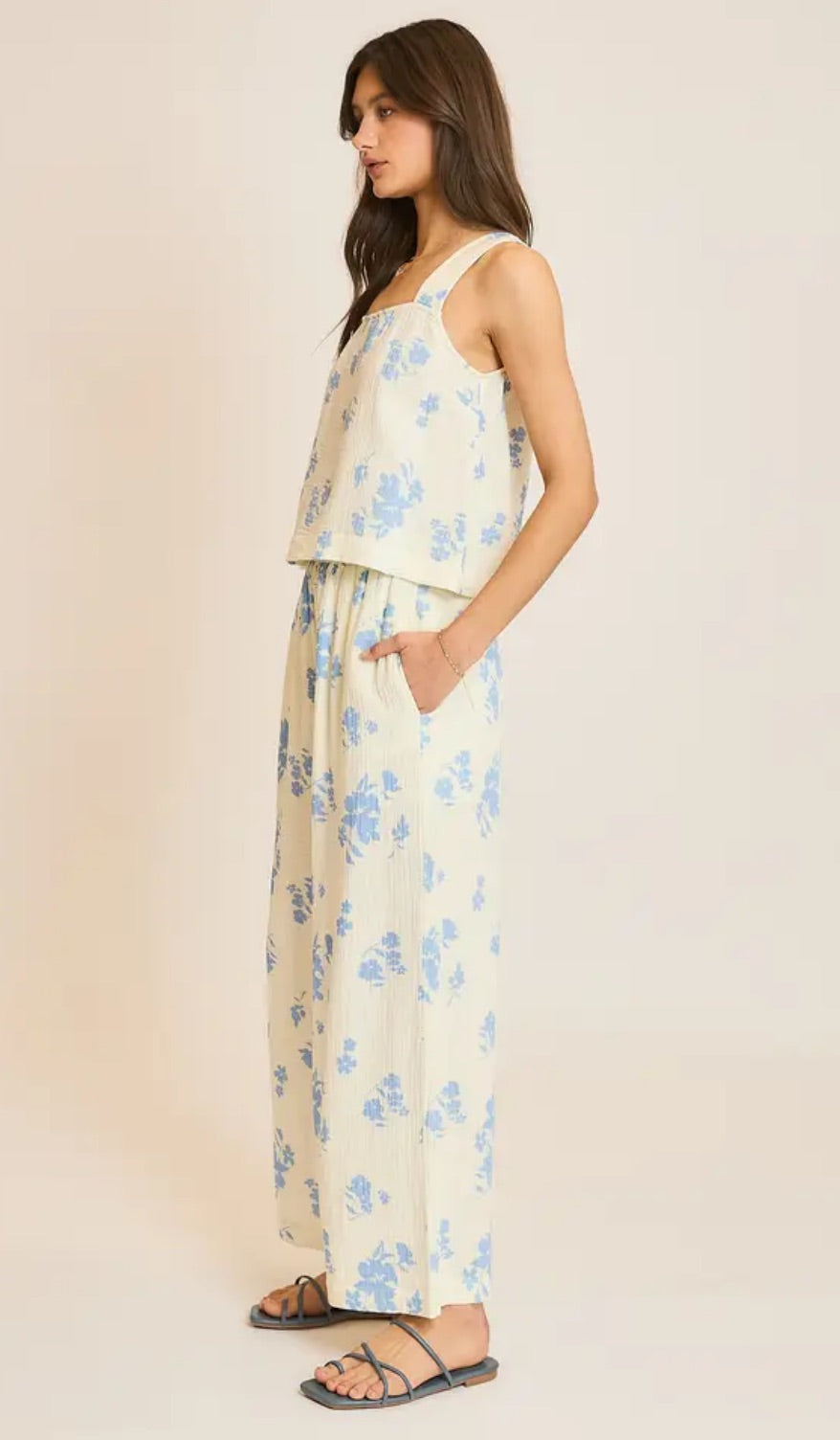 Floral Top and Pant Suit, Cream and Blue