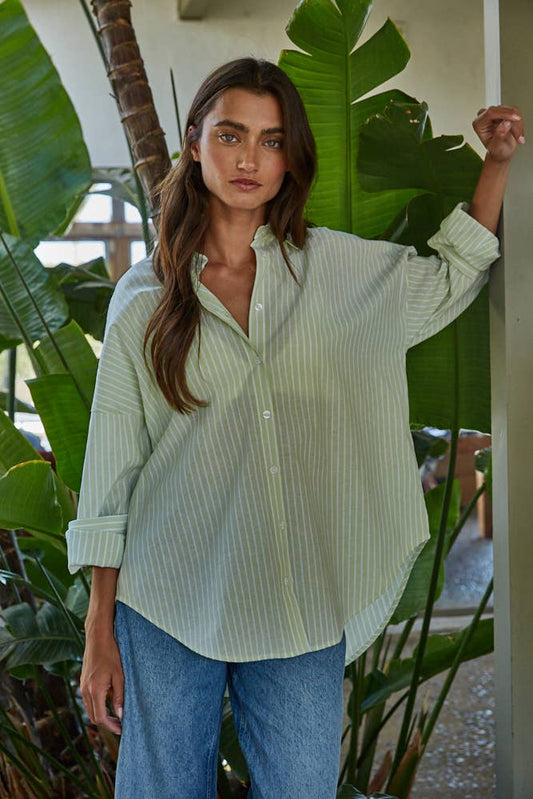 Woven Striped Buttondown Shirt, Green