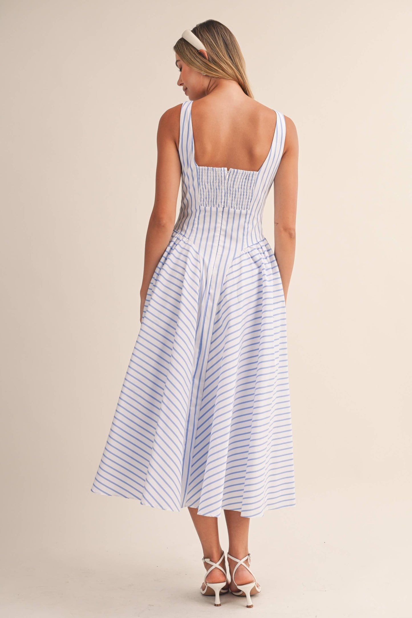 ID9896 STRIPED SLEEVELESS SIDE GATHERED FLARED MIDI DRESS: Blue / L