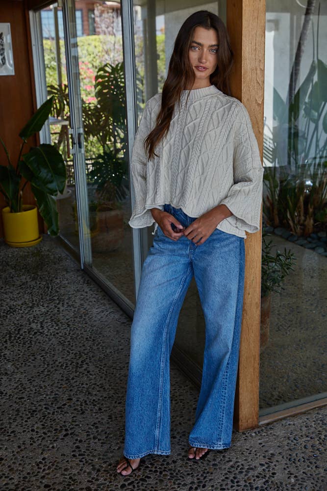 Knit Cable Sweater, 3/4 Sleeve, Natural