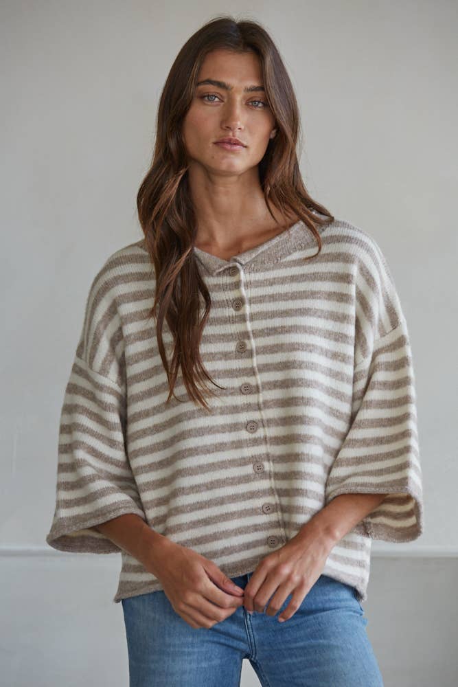 Knit Sweater Striped Quarter Sleeve Cardigan, Taupe and Cream