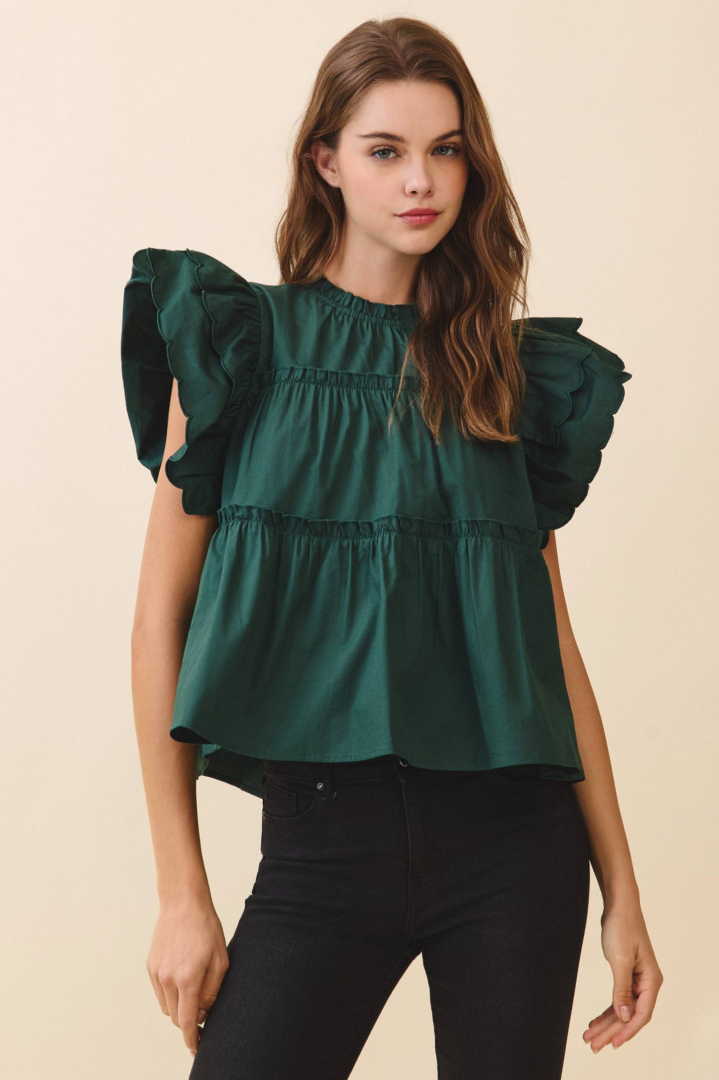 Ruffle Sleeve, Tiered Poplin Top: HUNTER GREEN