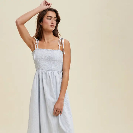 Striped, Tie Shoulder Strap Maxi Dress, Blue/White