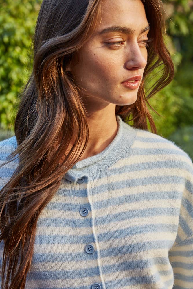 Knit Sweater Striped Quarter Sleeve Cardigan, Taupe and Cream