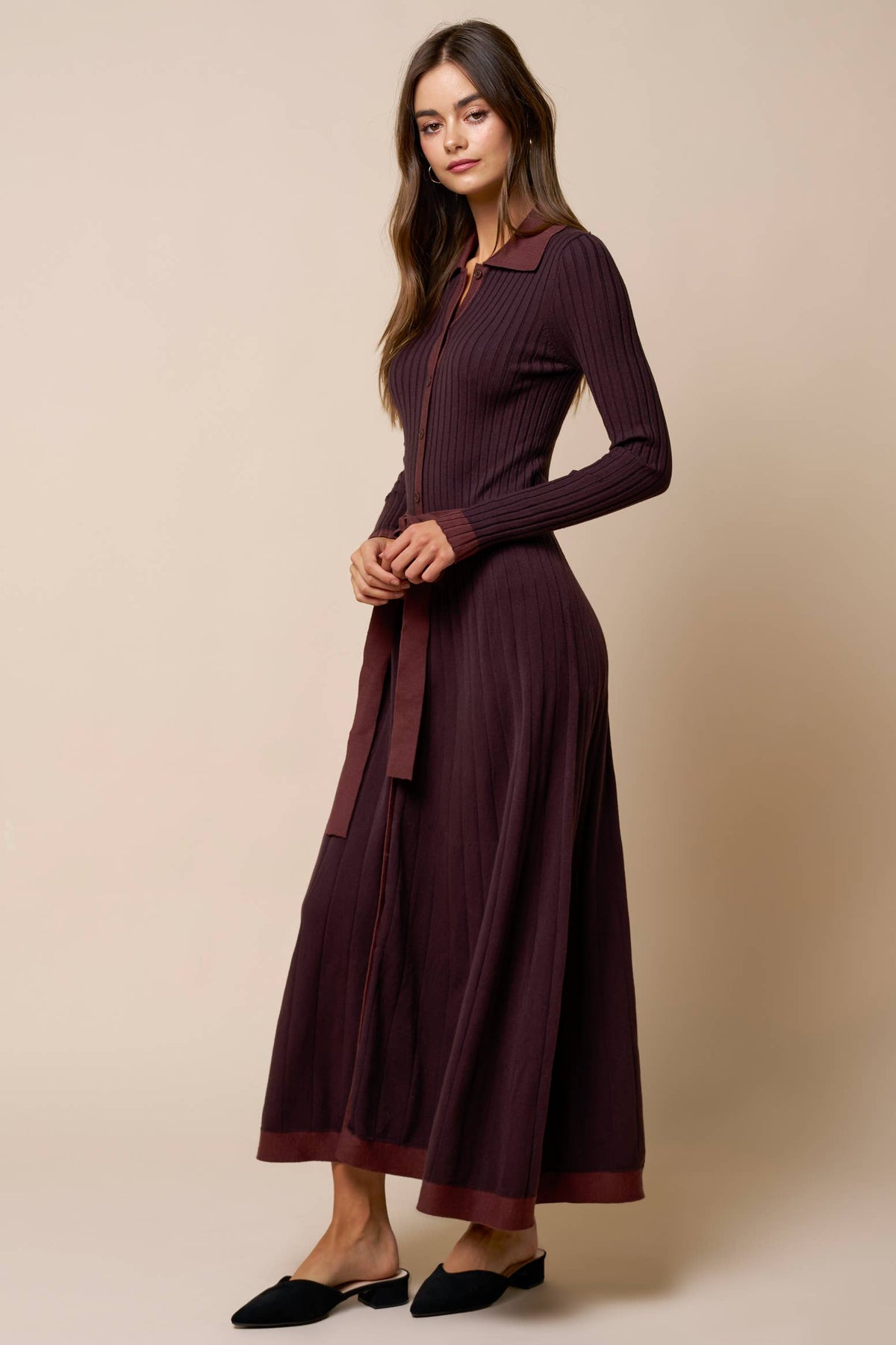Ribbed Knit Midi Dress - Dark Chocolate
