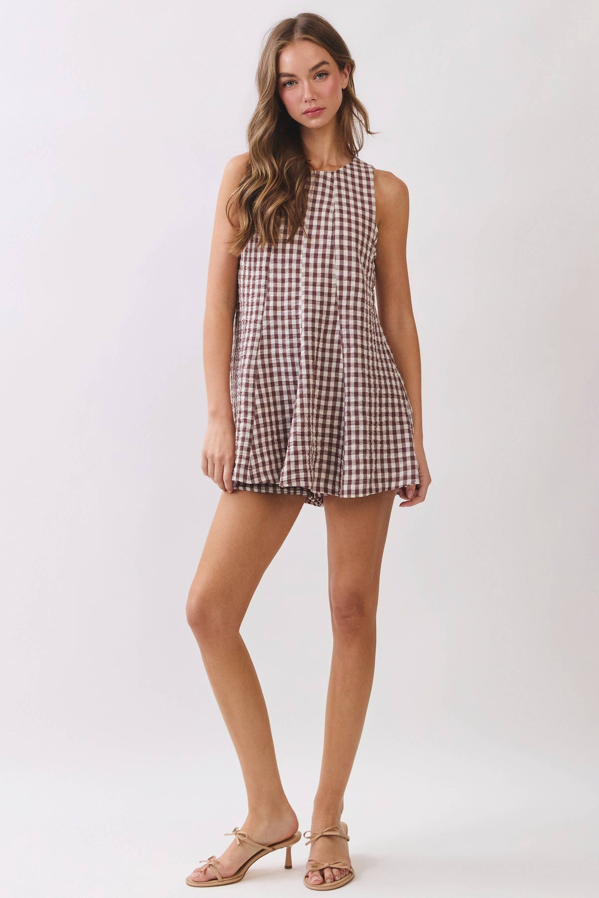 Gingham Sleeveless Romper - Brown