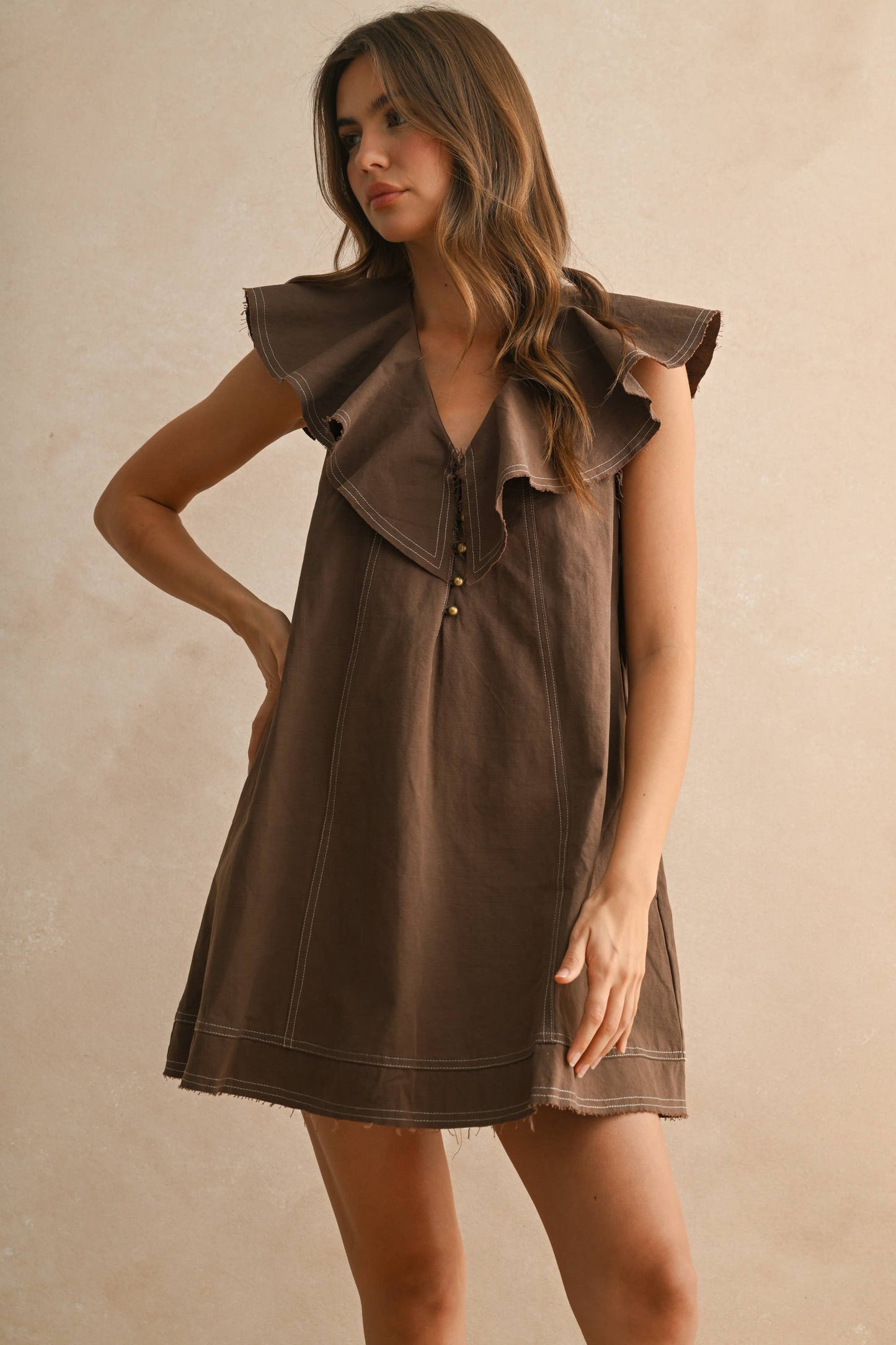 Ruffled Collar Woven Dress, Brown