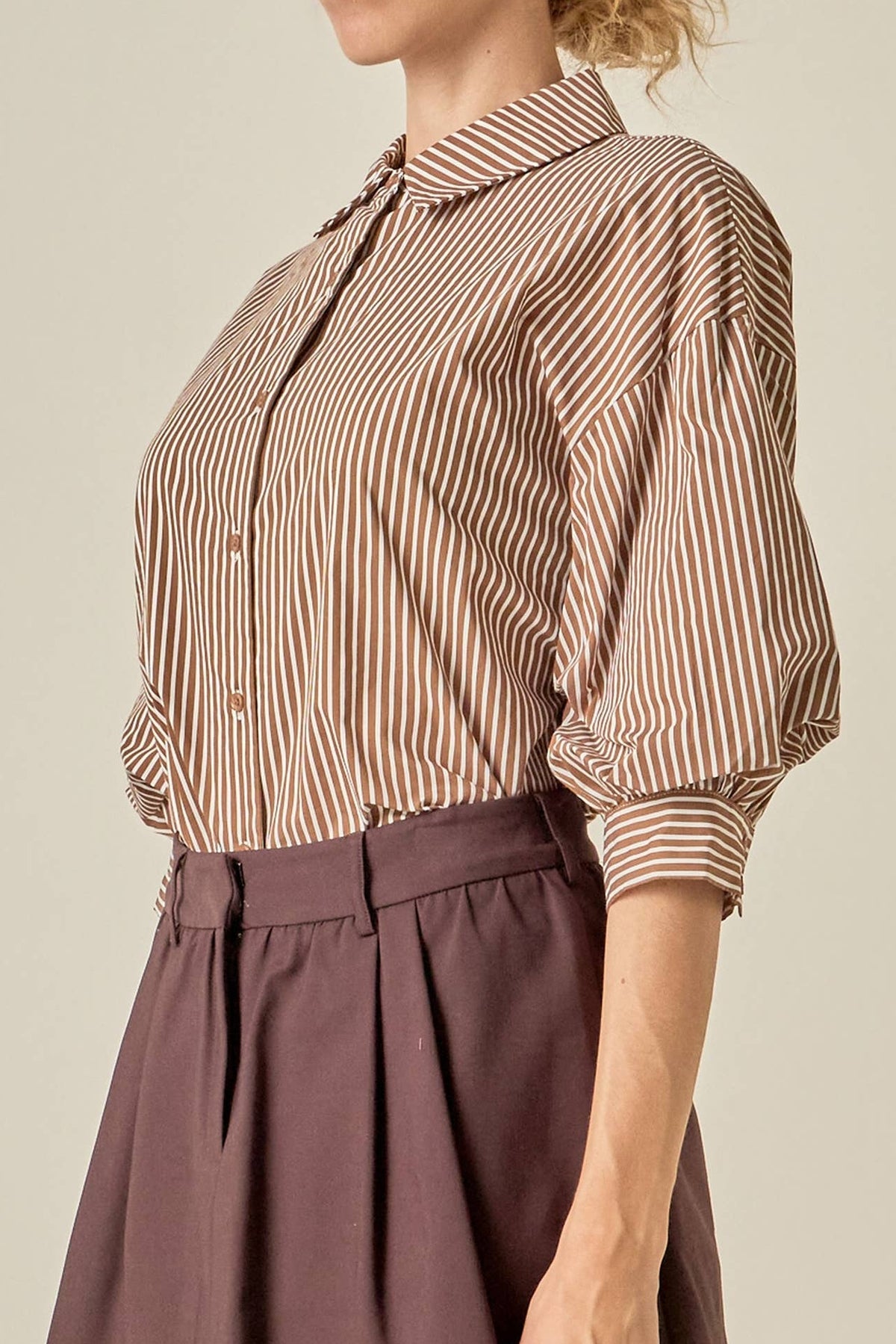 Striped Puff Sleeve Shirt - BROWN